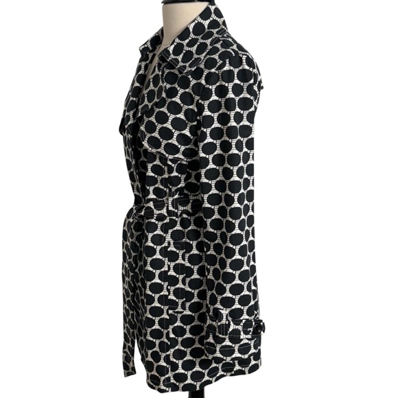 Ambition Women's Collared, Tie Waist Belt, Black and White Polka Dot Trench Coat - Picture 6 of 11